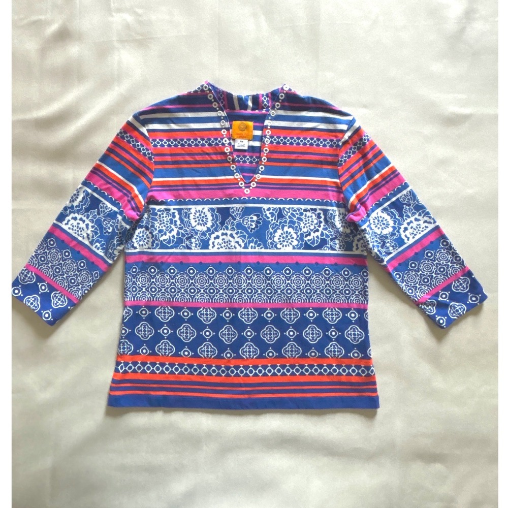 Ruby Rd Petite Mixed Print 3/4 Sleeve Top Blue Pink Orange Embellished PM 62754